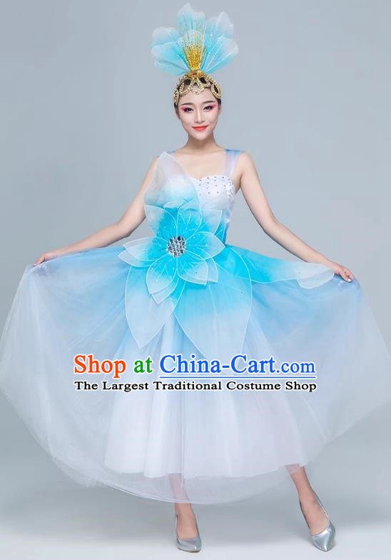 Blue Dance Clothing For Women Adult Performance Clothing Female Modern Dance Youth Stage Performance Clothing Accompanying Dancer Mid Length Gauze Skirt Opening Dance