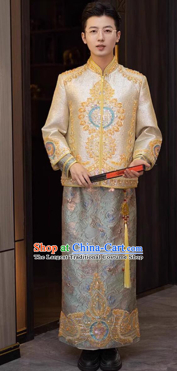 Chinese Traditional Wedding Attire Groom Mandarin Jacket and Long Gown Complete Set