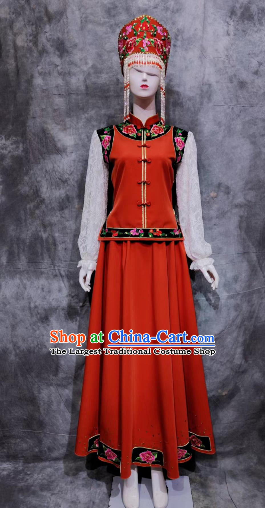Traditional Chinese Xibe Ethnic Festival Costume China Sibo National Minority Woman Clothing Xinjiang Belem Dance Red Dress