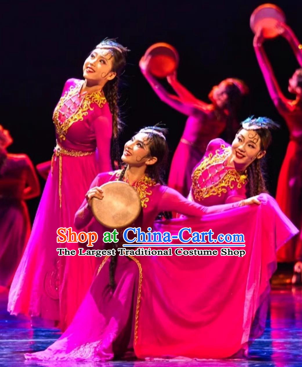 Where The Drumbeats Begin Dance Performance Costume Chinese Uyghur Dance Rosy Dress Xinjiang Ethnic Performance Attire