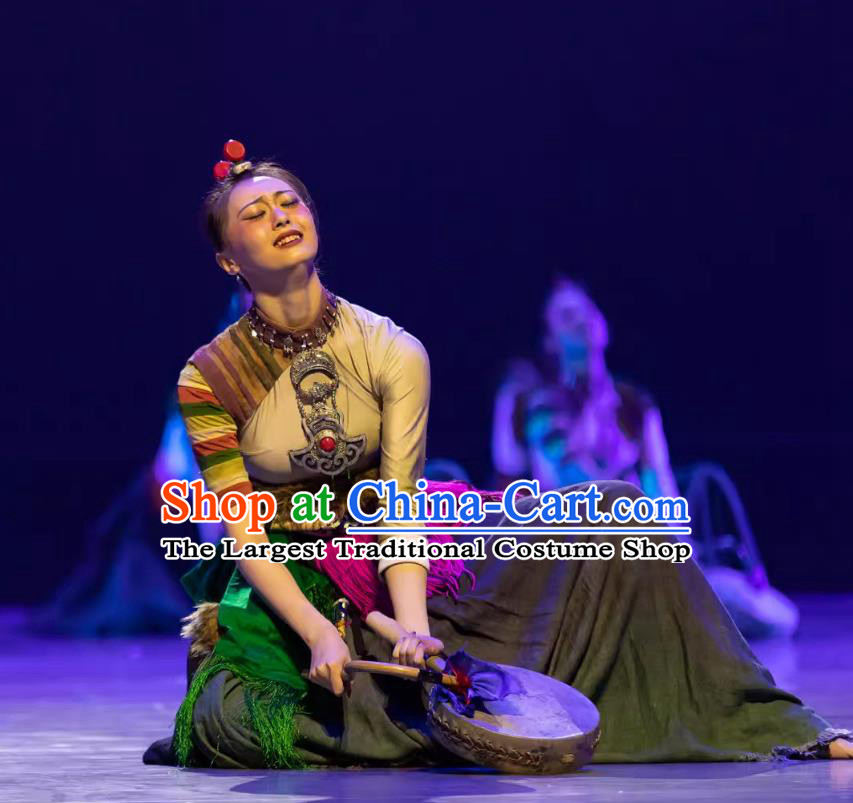 Tibetan Dance Performance Costume Women Mystic Rhythm Drum Dance Clothing Chinese Zang Minority Nationality Dance Blouse and Skirt