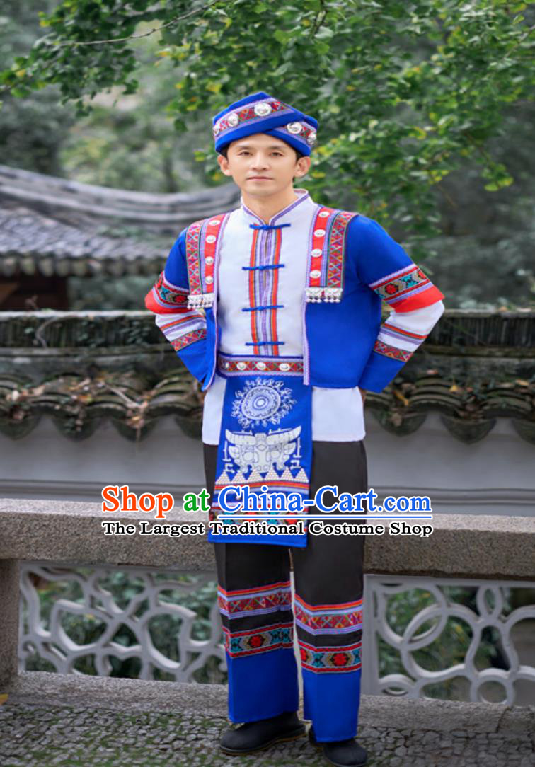 Chinese Minority Embroidered Traditional Attire She Ethnic Men Dance Costume Stage Performance Blue Outfit