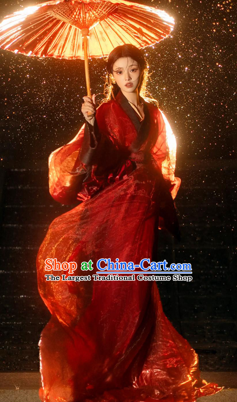 Women Red Warring States Robe Chinese Hanfu Dress Ancient Beauty Wide Sleeves Costume