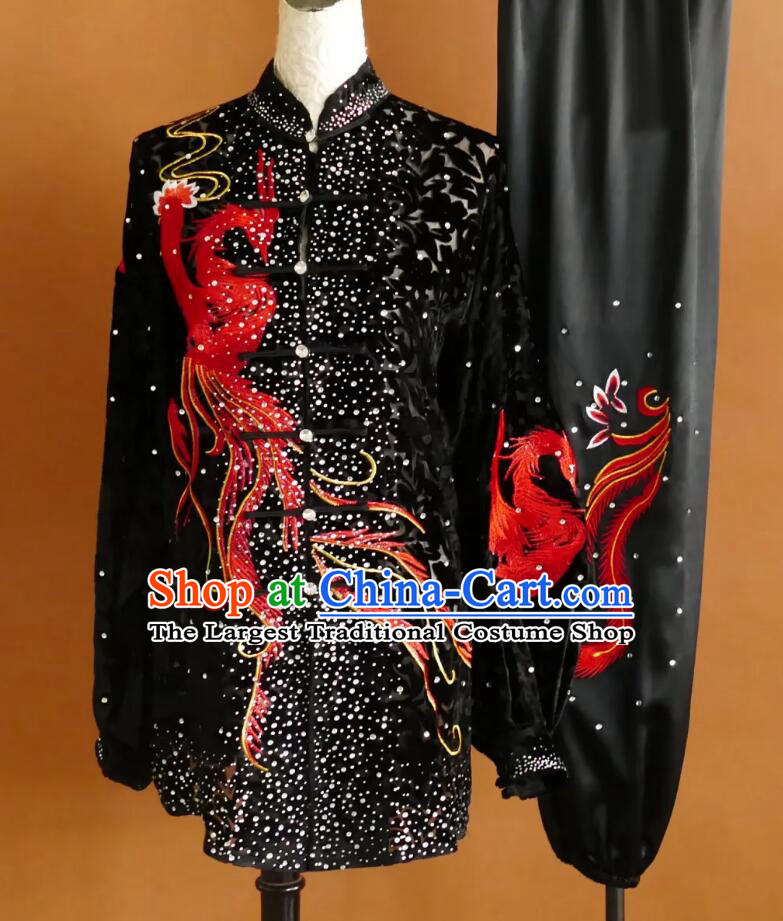 Tai Chi Performance Costume Rhinestone Velvet Kung Fu Suit Embroidered Phoenix Wushu Competition Uniform Black Taiji Outfit