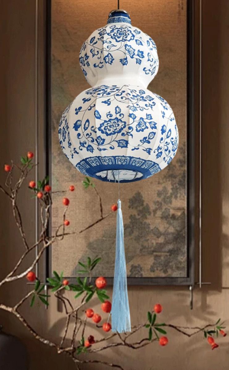Blue And White Porcelain Lantern Traditional Classic Gourd Vase Pendant Lamp Creative Chinese Style Lantern