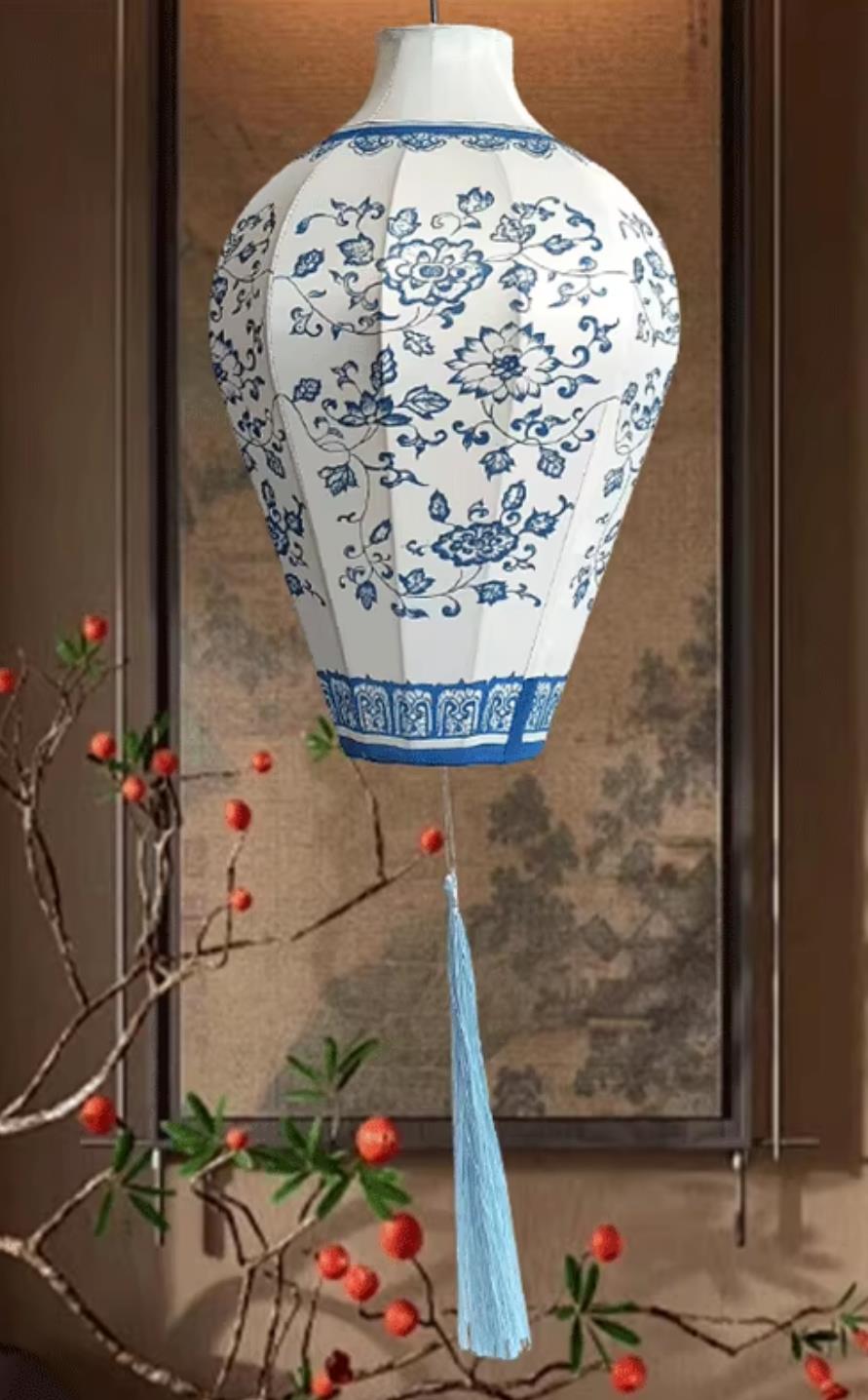 Traditional Classic Vase Pendant Lamp Creative Chinese Style Lantern Blue And White Porcelain Lantern