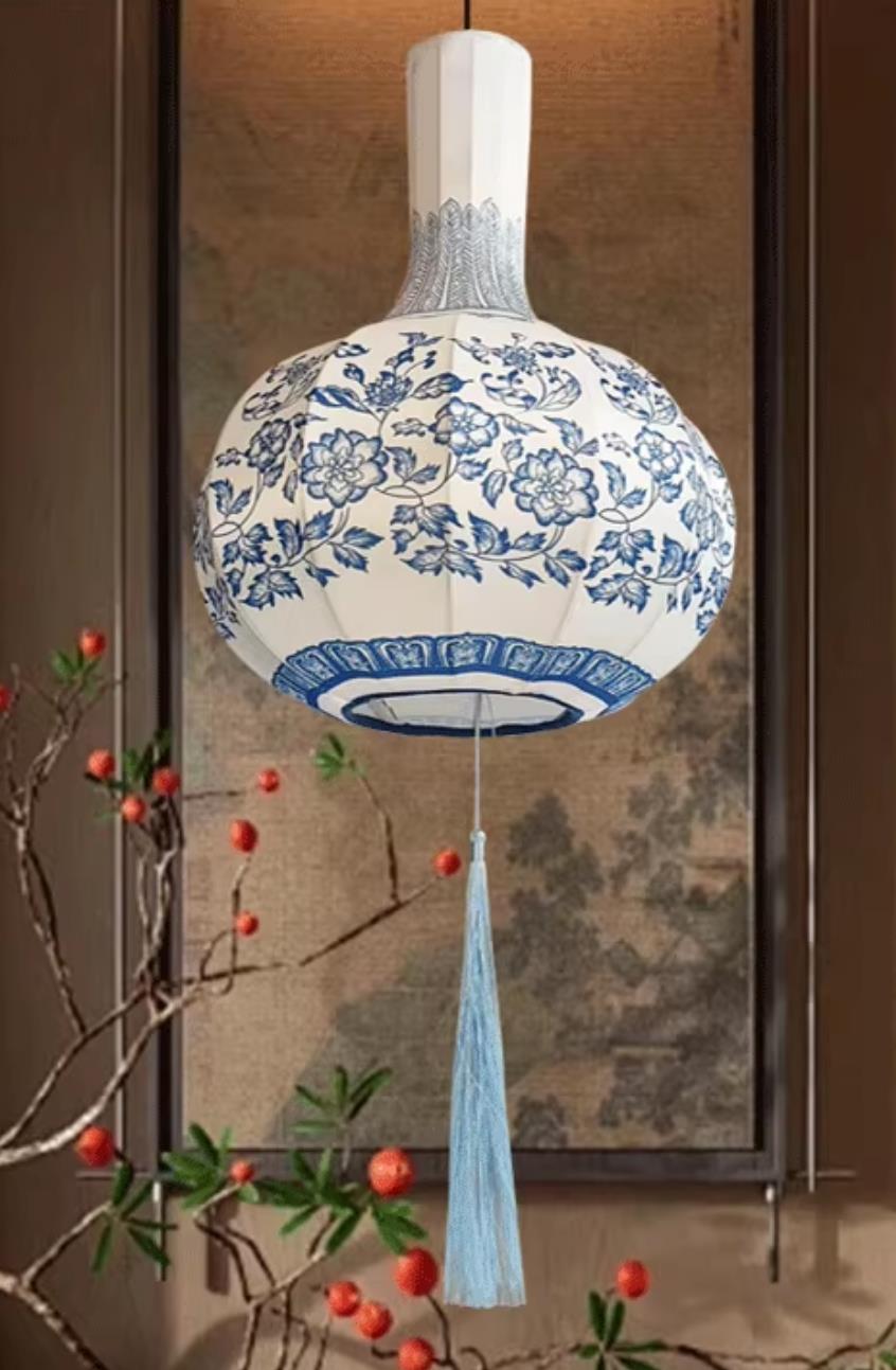 Cloth Blue And White Porcelain Lantern Traditional Classic Vase Pendant Lamp Creative Chinese Style Lantern