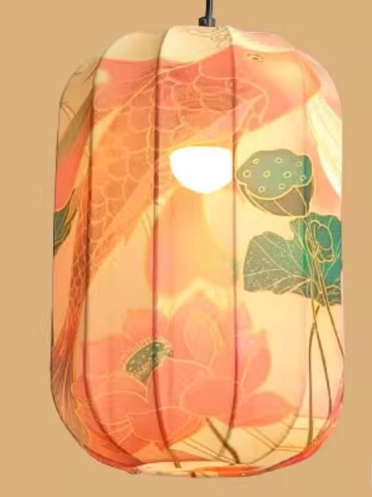 Printed Pink Koi Lotus Lamp Chinese Style Lantern Waterproof Pendant Lantern
