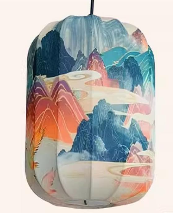 Printed Mountain and River Lamp Chinese Style Lantern Waterproof Pendant Lantern