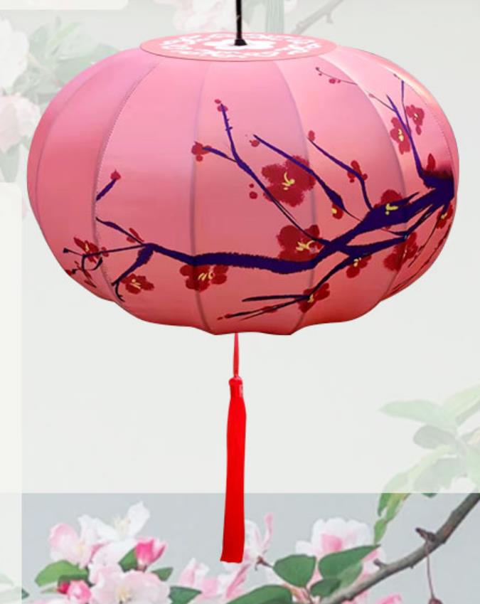 Silk Printed Pumpkin Lantern Handmade Pendant Lamp Outdoor Pink Satin Lantern