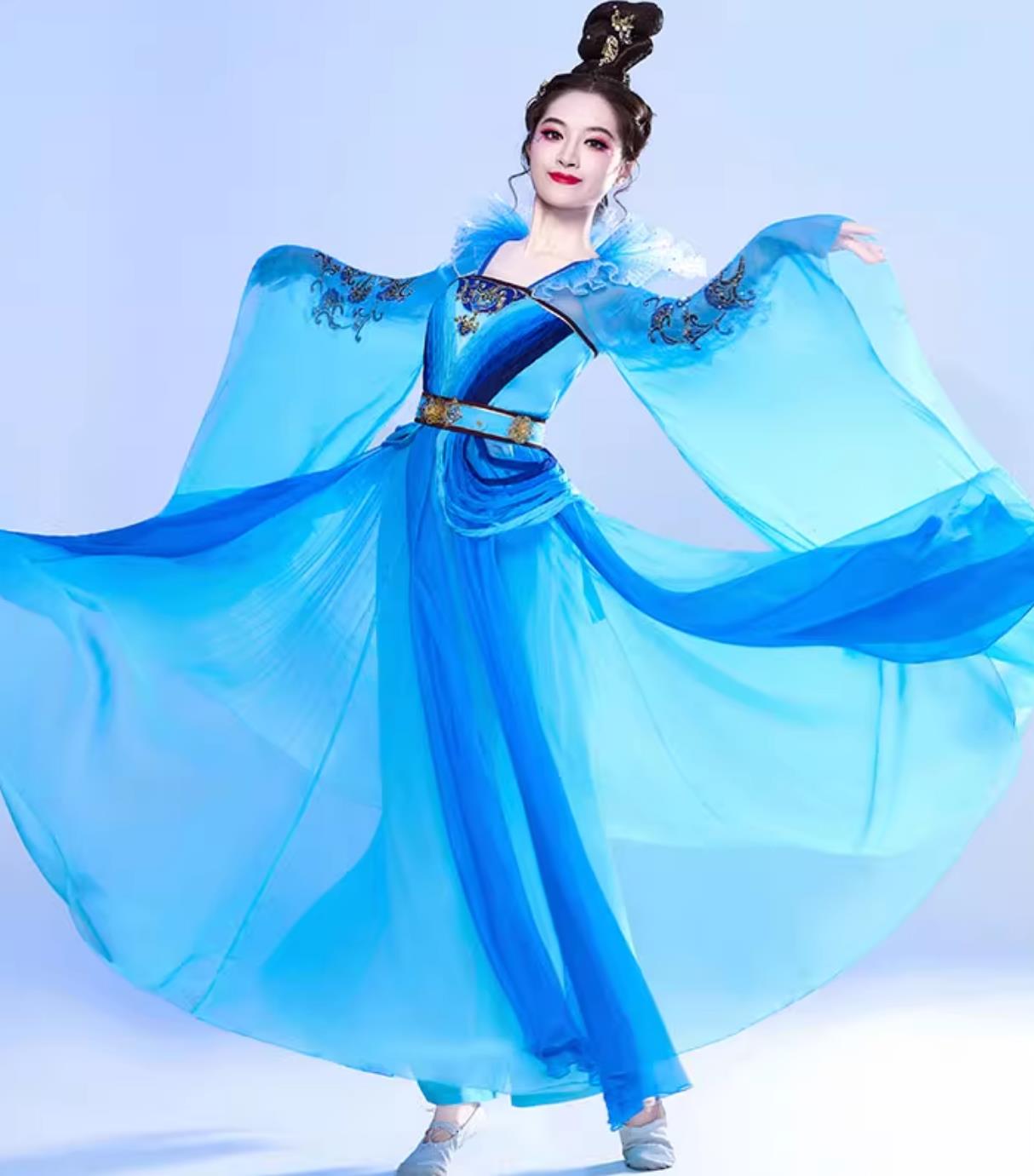 Women Elegant Han Tang Fairy Ancient Clothing Chinese Hanfu Dance Blue Dress Classic Dance Performance Costume