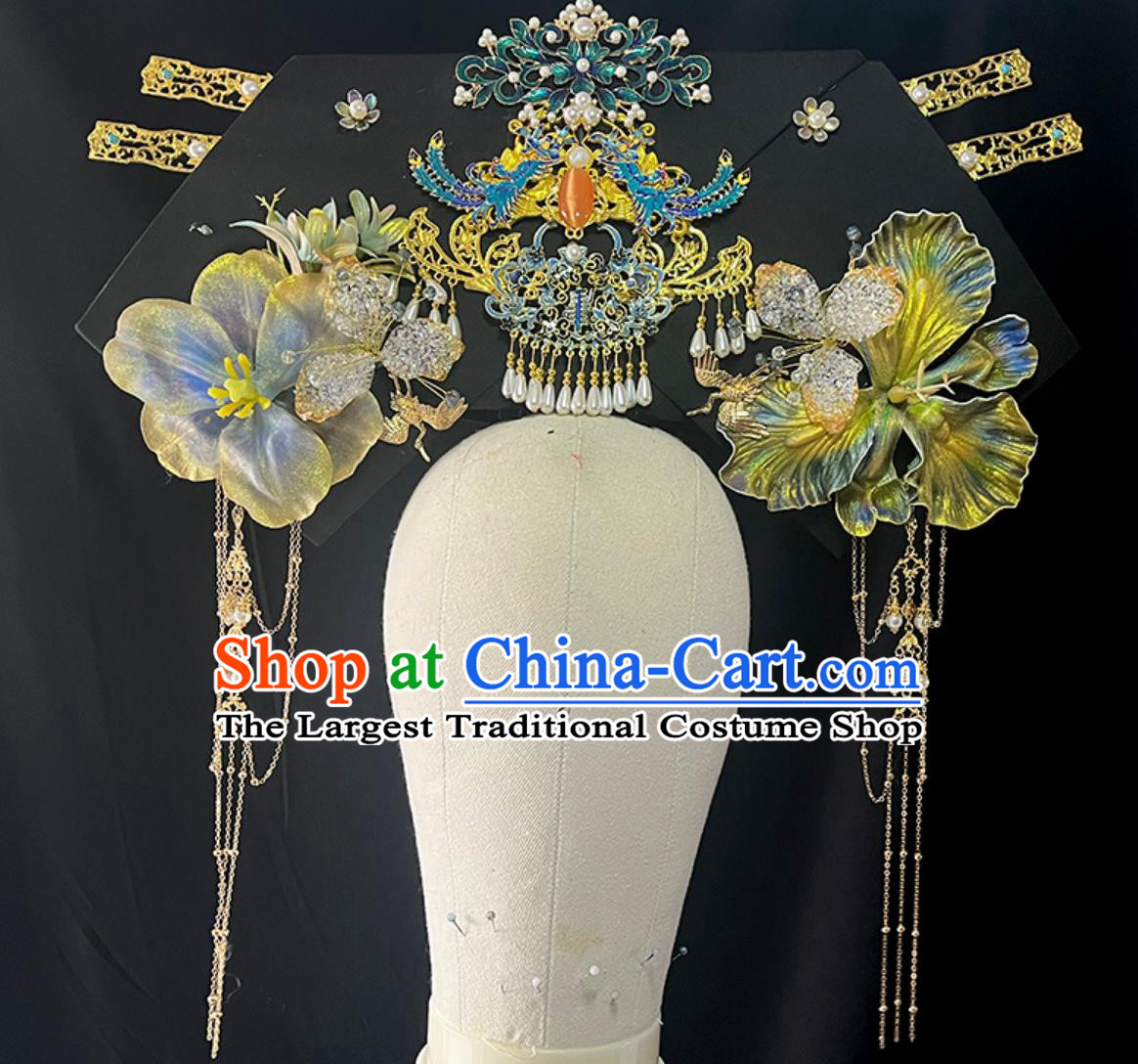 Qing Dynasty Imperial Consort Hat Ancient Chinese Court Empress Crown Handmade Large Winged Manchu Headdress