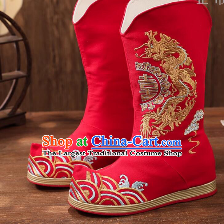 Chinese Handmade Red Boots Embroidered Shoes Traditional New Year Boots