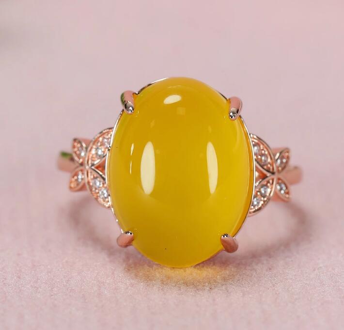 Natural Yellow Agate Chalcedony Ring Butterfly Inlaid Fashion Women Ring Open Design Finger Ring Jewelry
