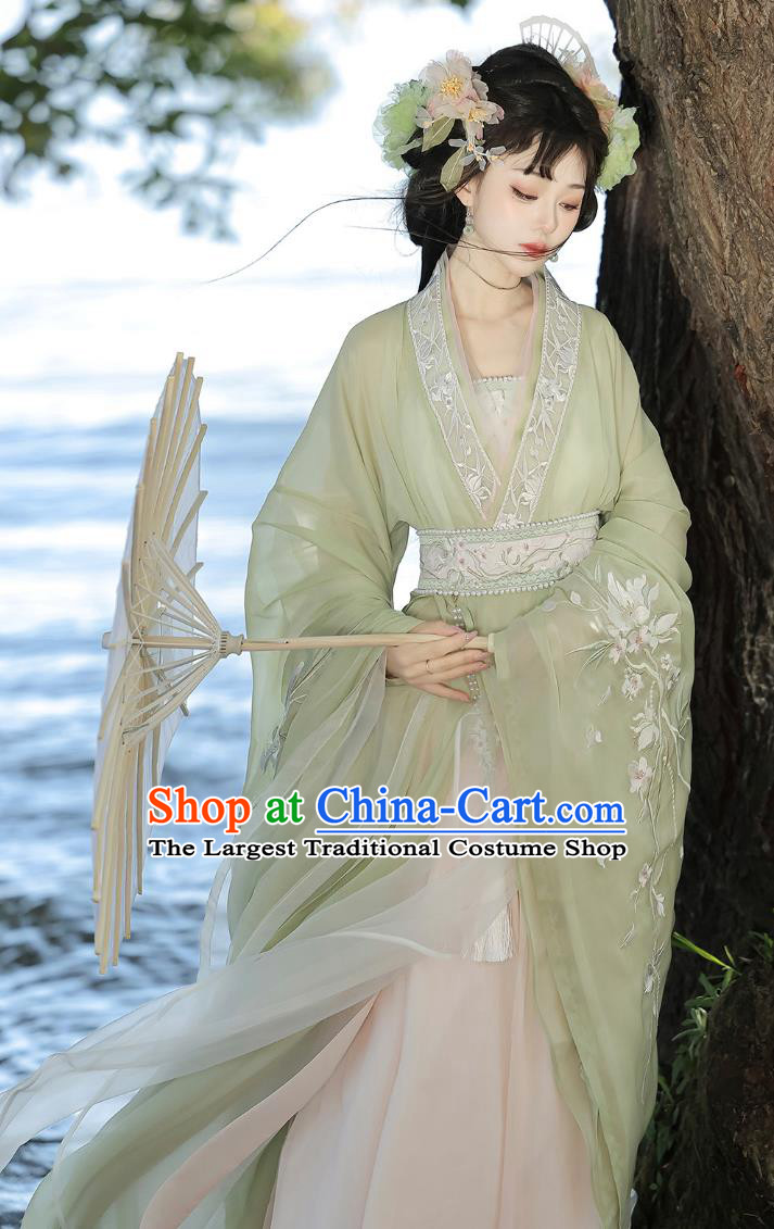 Ancient Princess Clothing Embroidery Green Hanfu Dress Traditional Chinese Song Dynasty Woman Large Sleeve Costume