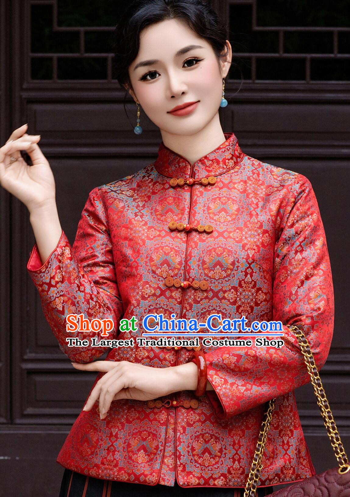 Classic Mulberry Silk Song Brocade Upper Outer Garment Thickened Cotton Padded Red Tang Jacket