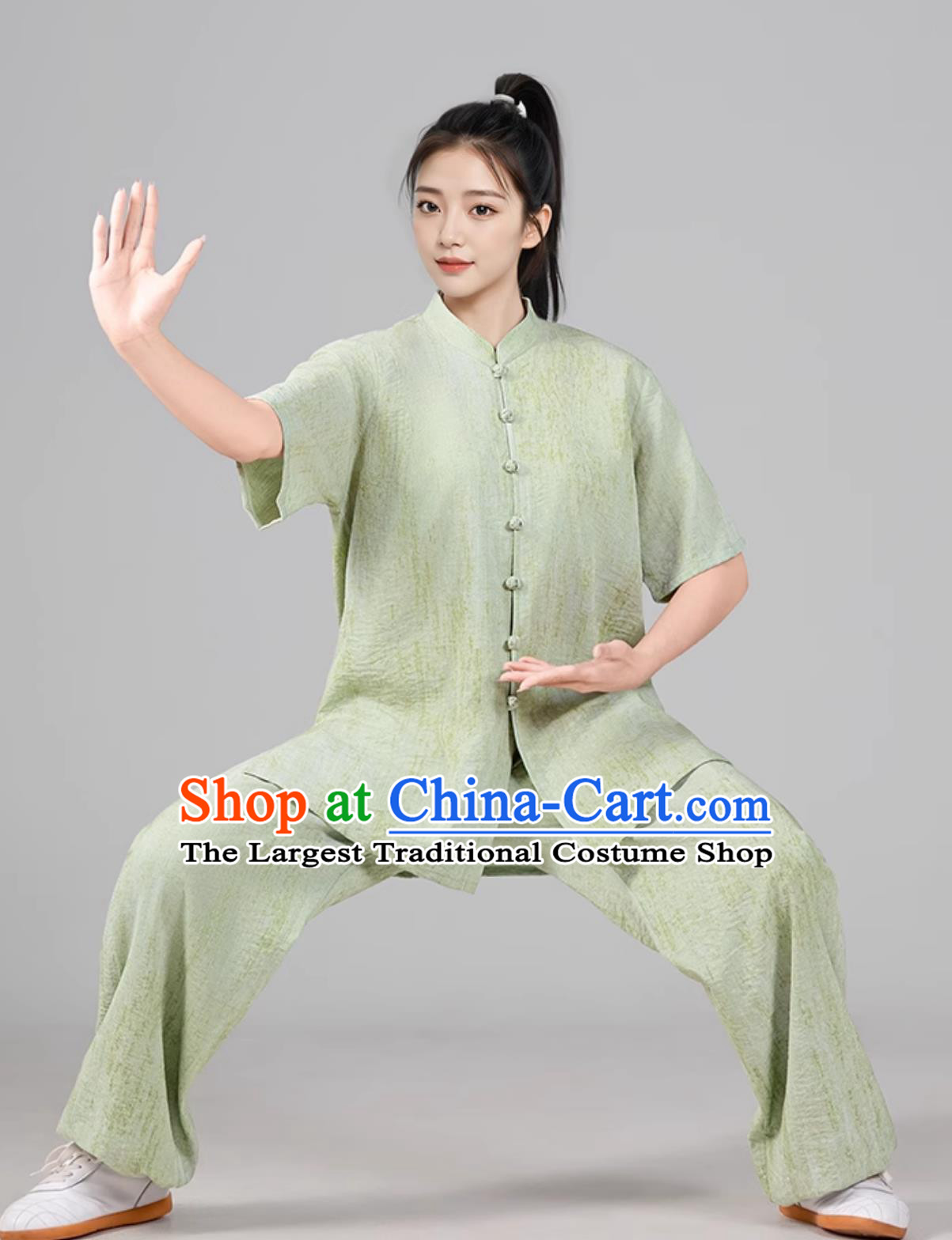 Green Women Tai Chi Suit Short Sleeve Taiji Uniform Ba Duan Jin Training Outfit