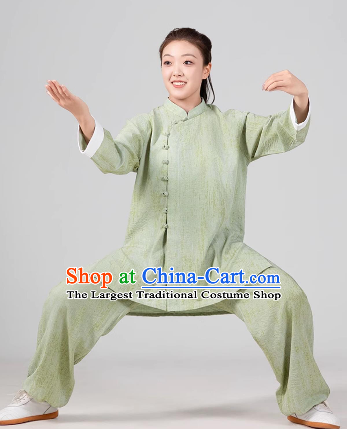 Women Diagonal Collar Tai Chi Suit Chinese Ba Duan Jin Green Uniform Tai Chi Training Costume