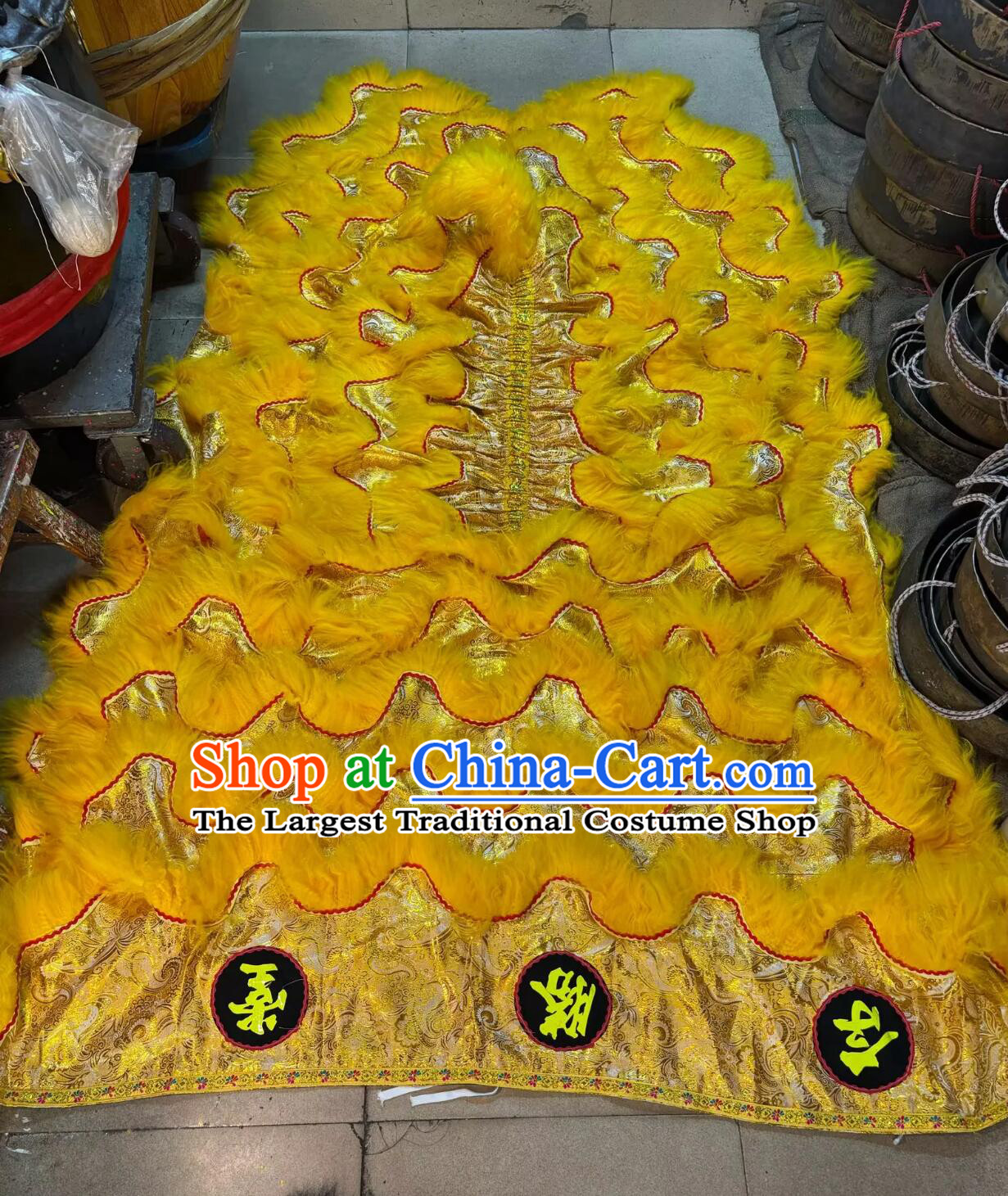 Golden Satin Chinese Lion Dance Tail and Pants Traditional Wool Lion Costumes Set