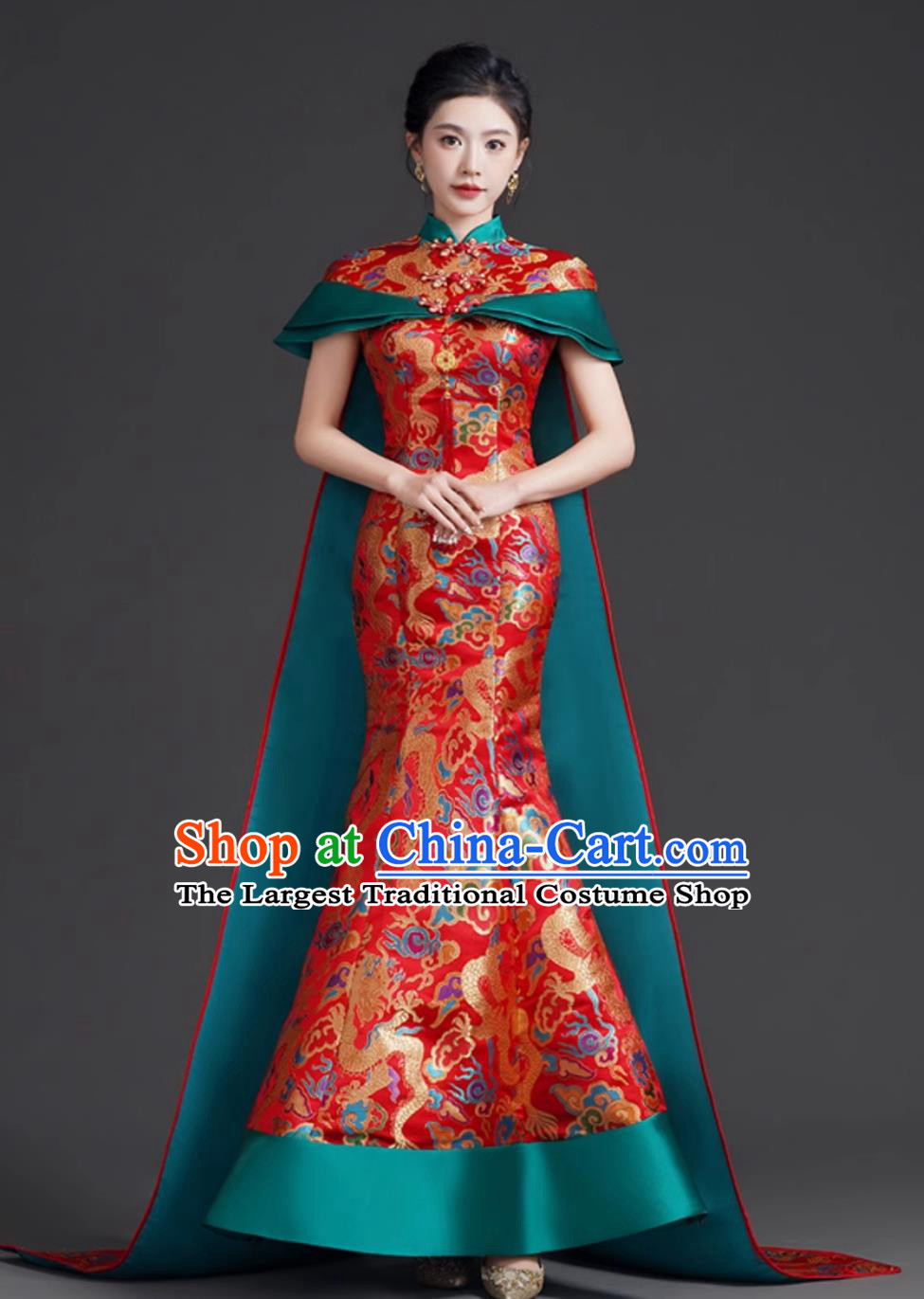 Chinese Modified Qipao with Train Runway Performance Red Evening Gown Mermaid Tail Hostess Dress