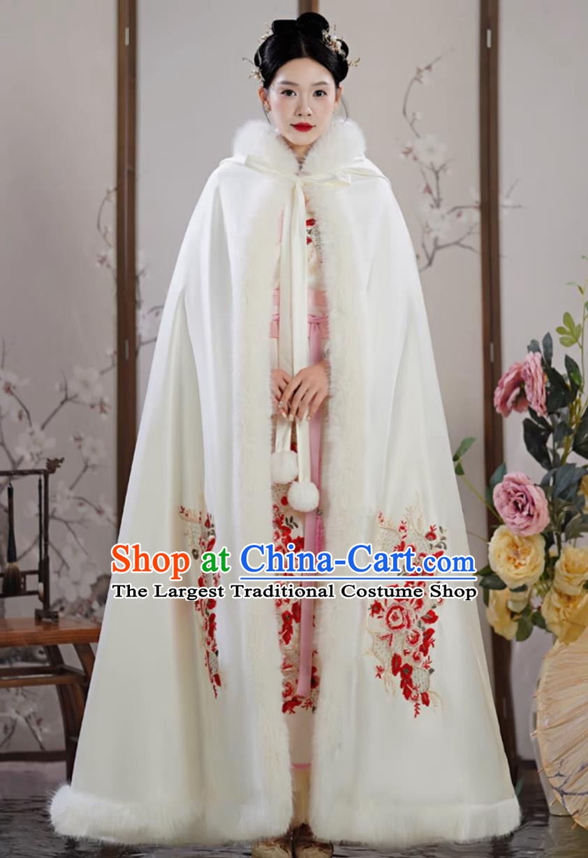 White Hanfu Cape Winter Fleece Lined Thickened Cloak Chinese Style Long Coat for Women