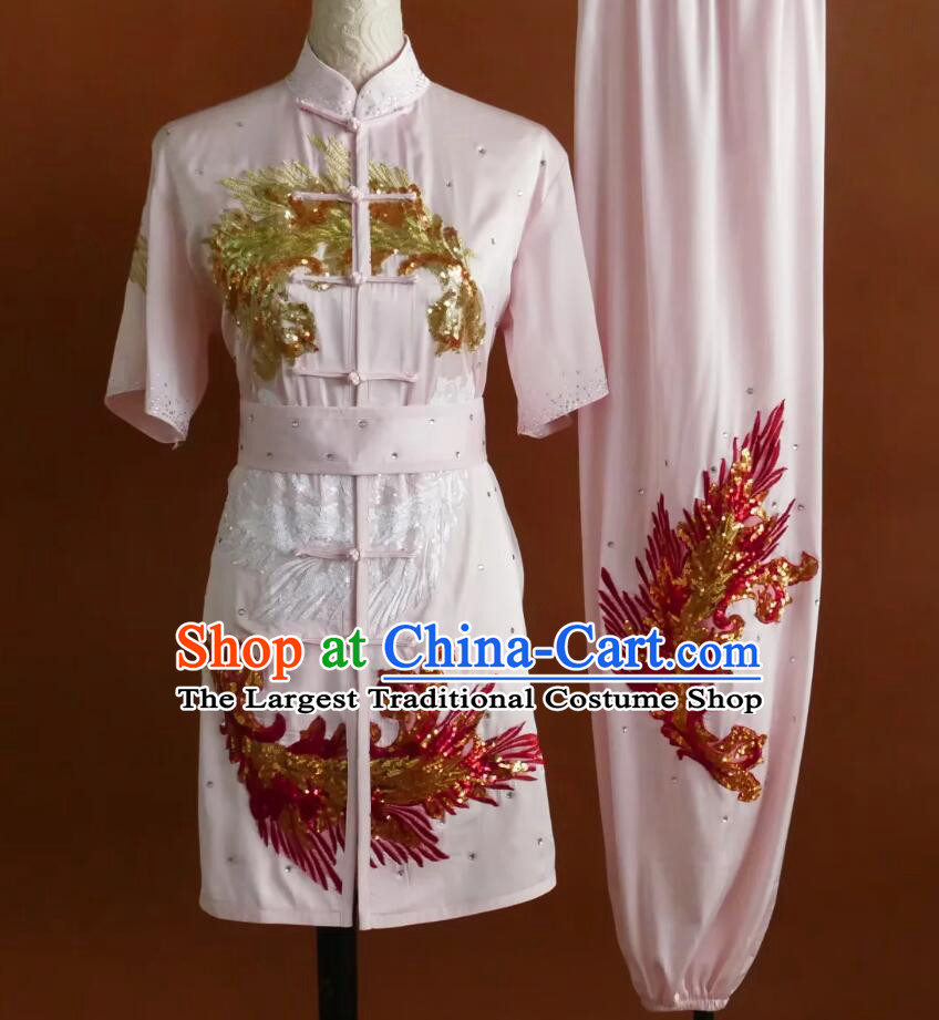 Sequins Long Fist Kung Fu Suit Wushu Competition Costume Changquan Performance Light Pink Outfit