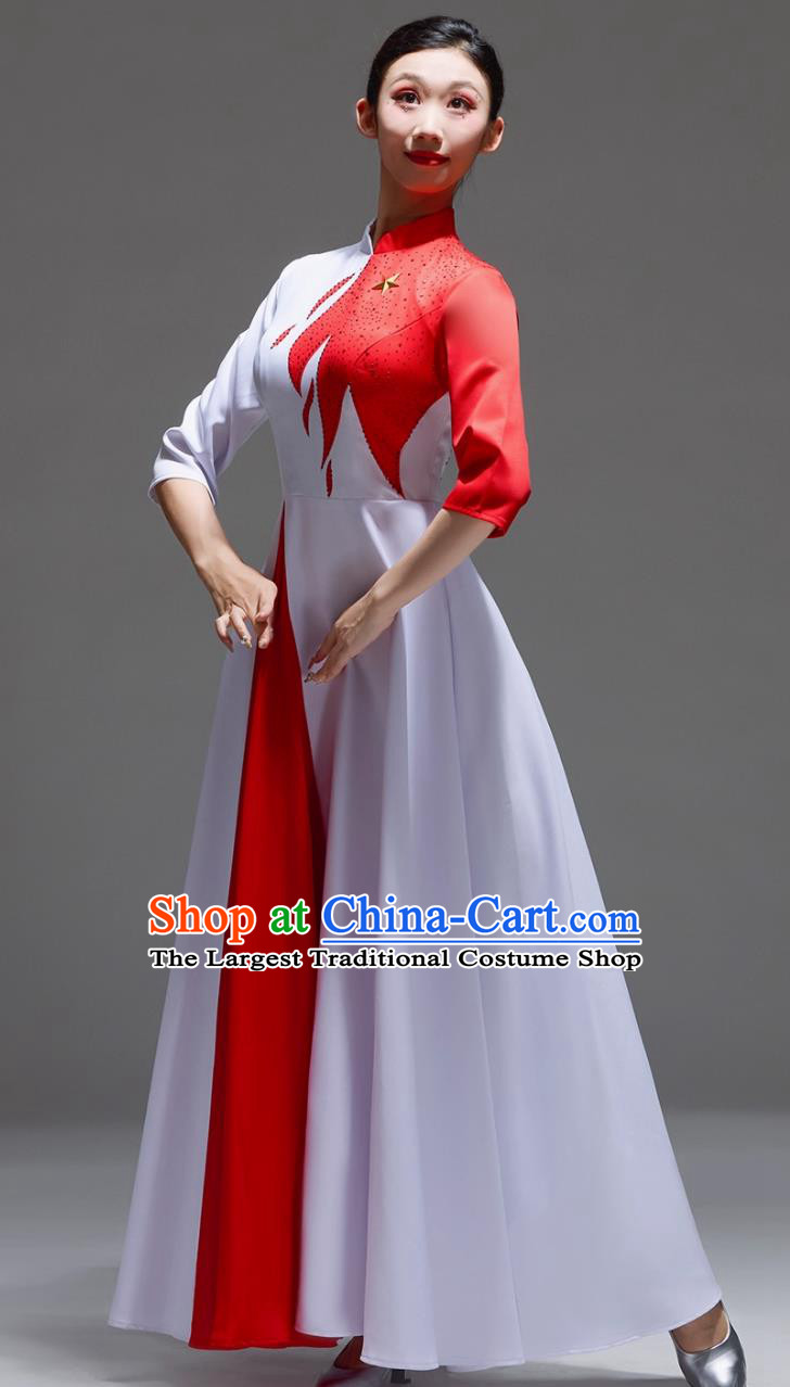 Choir Performance Dress Women Long Gown Chinese Style Red Song Competition Bless My Motherland Show Costume