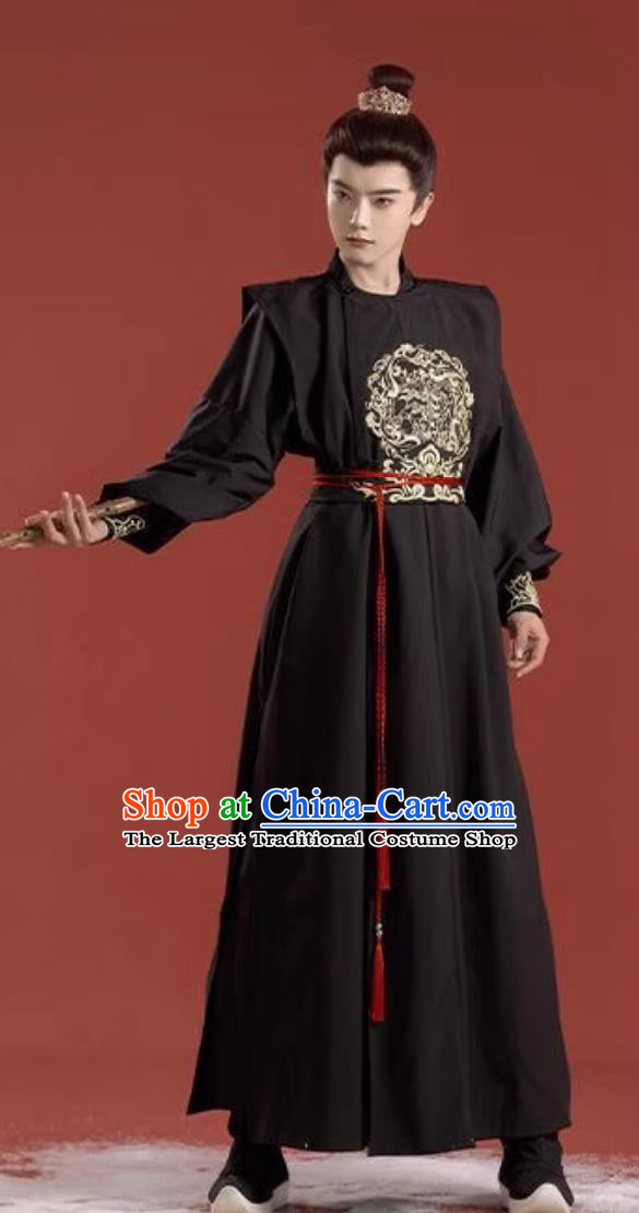 Chinese Tang Dynasty Round Collar Robe Black Men Embroidered Ancient Knight Outfit