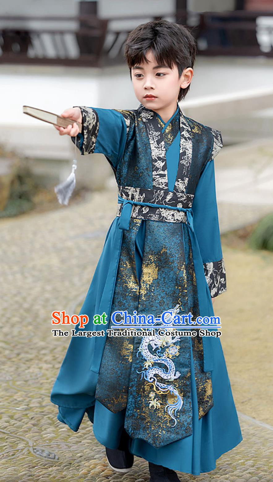 Chinese Kids Hanfu Ming Dynasty Wuxia Handsome Boy Clothing Ancient Elegant Blue Suit