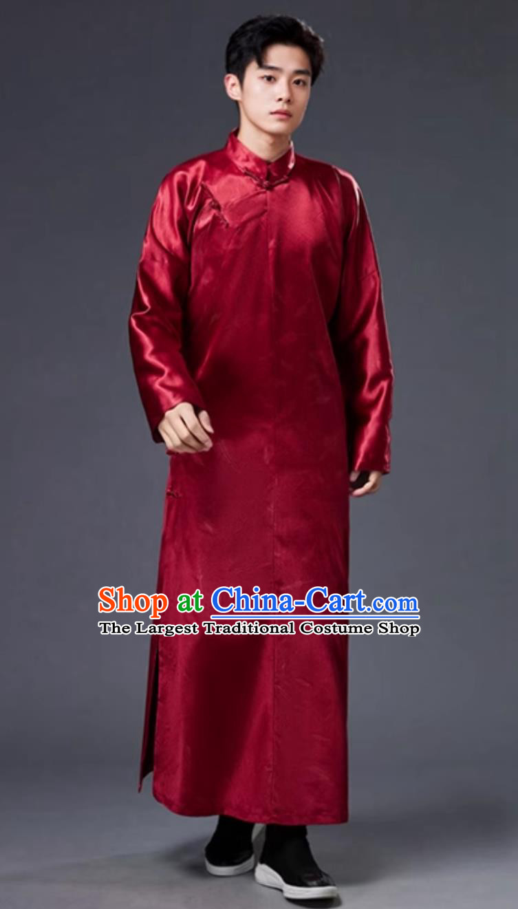 Chinese Mens Suit Diagonal Collar Republic Era Long Gown Brocade Jacquard Vintage Frog Button Traditional Formal Robe