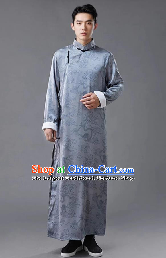 Mens Republic Era Long Gown Diagonal Collar Robe Chinese Mandarin Jacket Tang Suit Dragon Pattern Traditional Robe
