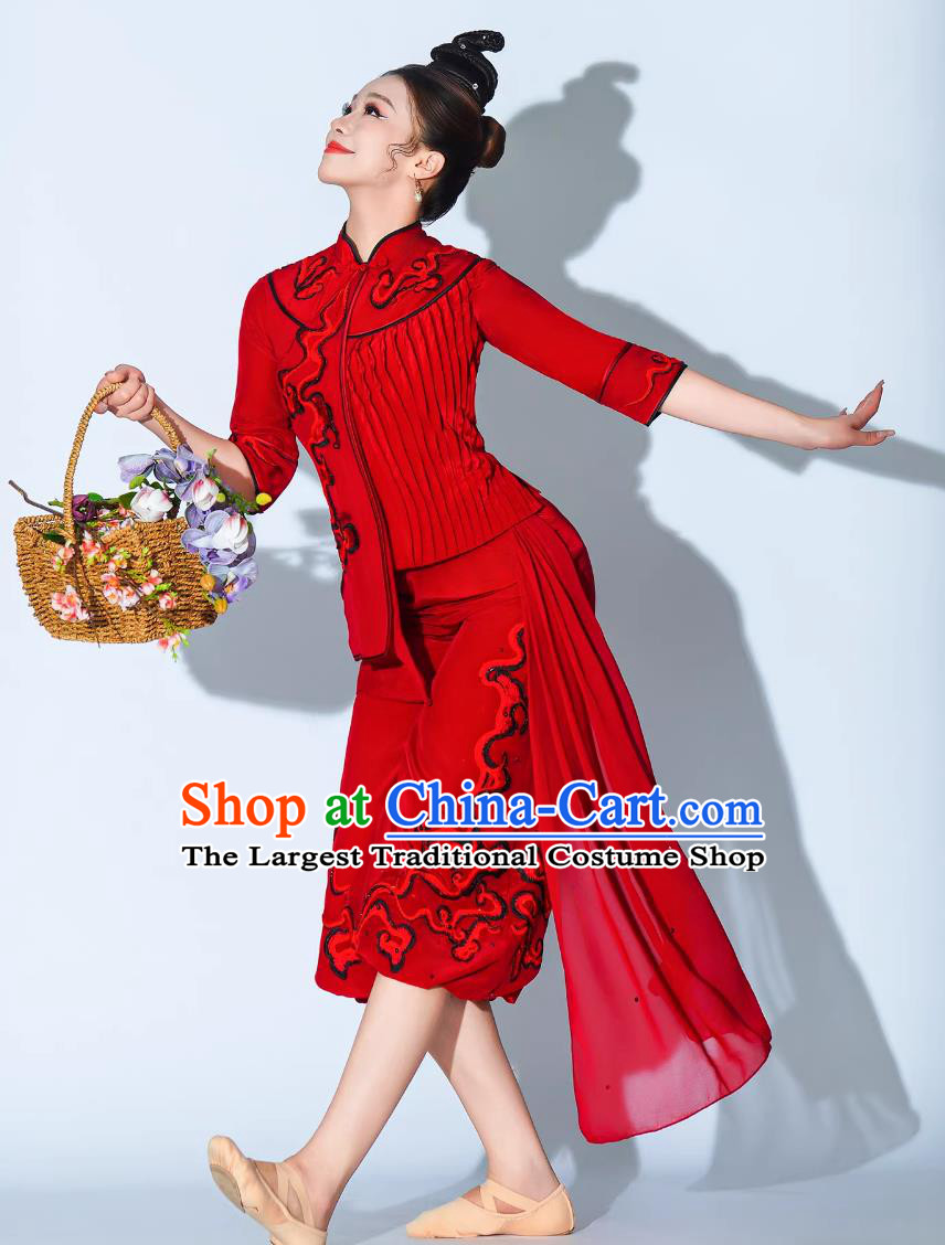 Chinese Lantern Dance Red Outfit Drumbeats Welcome Returning Sails Dance Costume Jiaozhou Yangko Women Dance Clothing