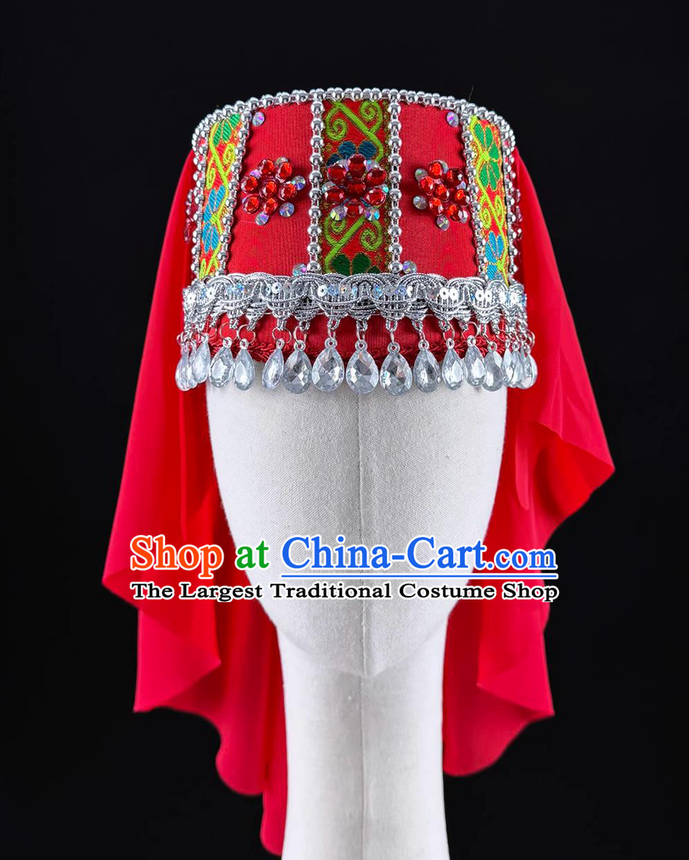 Tao Li Cup Tujia Ethnic Solo Dance Headwear Chinese Minority Dance Red Hat Tu Jia Bride Wedding Headdress