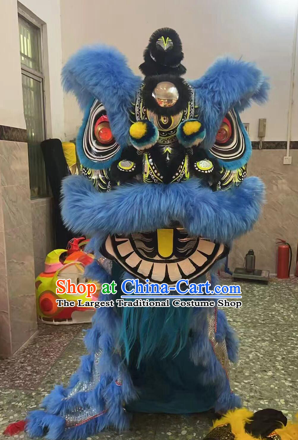Blue Wool Fut San Lion Dance Clothing Handmade Chinese Lion Dance Head and Costume Complete Set