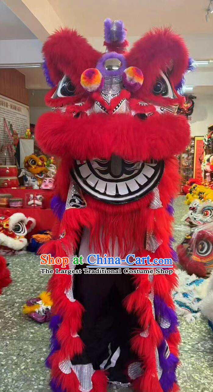 Handmade Chinese Hok San Lion Head and Costume Red Wool Lion Dance Clothing Complete Set