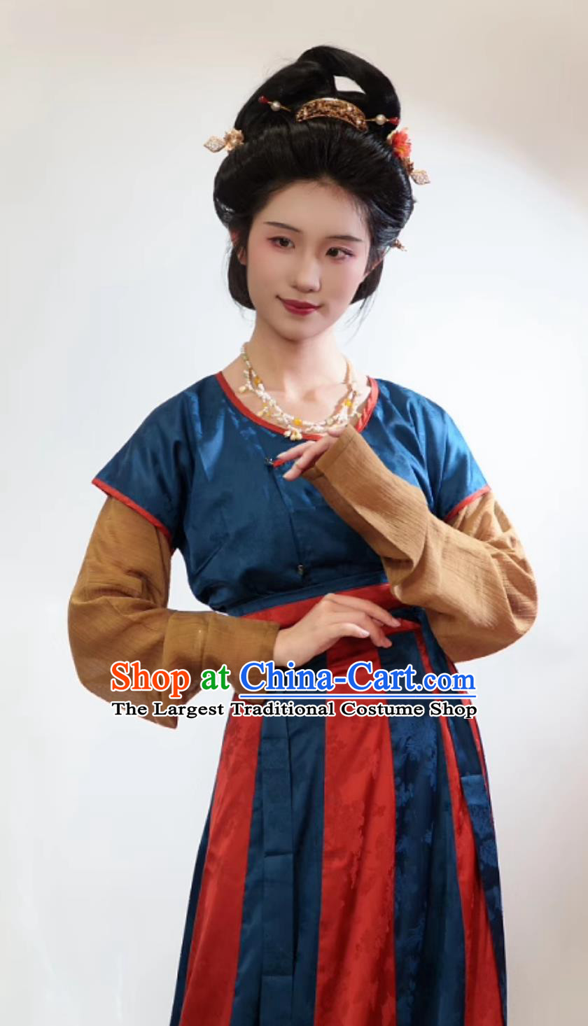 Early Tang Dynasty Drooping Collar Blouse Beizi Eighteen Pleated Skirt Complete Set