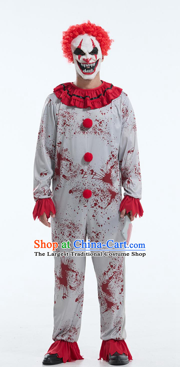 Halloween Scary Clown Costume Red Blood Stains Horror Jumpsuit Outfit Escape Room Prop Attire