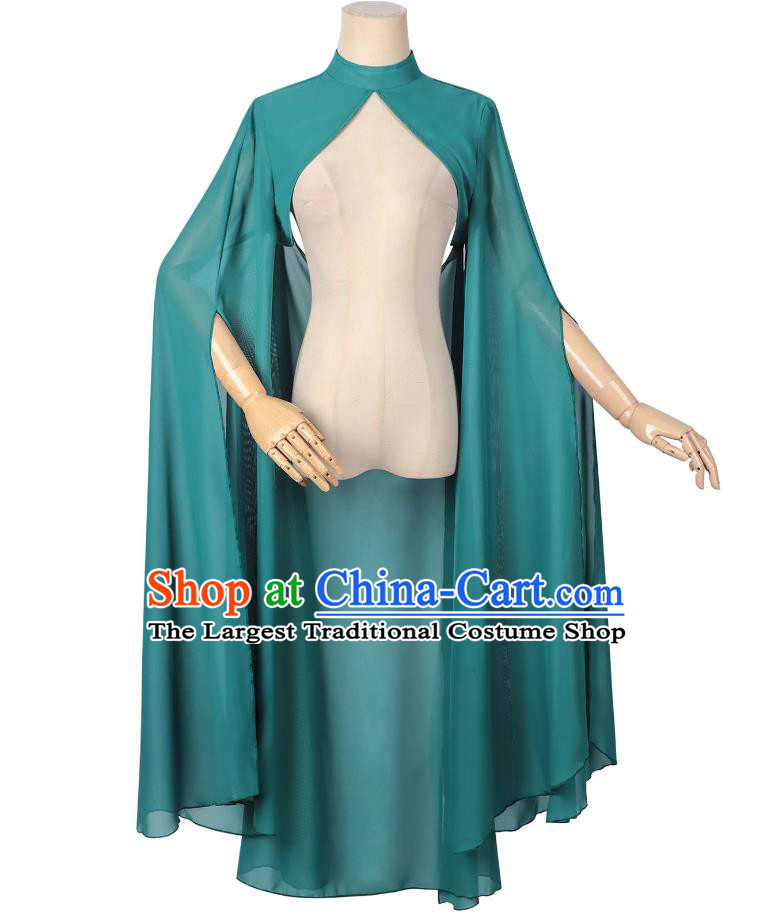 Vintage Sheer Cape Women Chiffon Halter Solid Color Semi Transparent Blue Cloak Backless Long Shawl