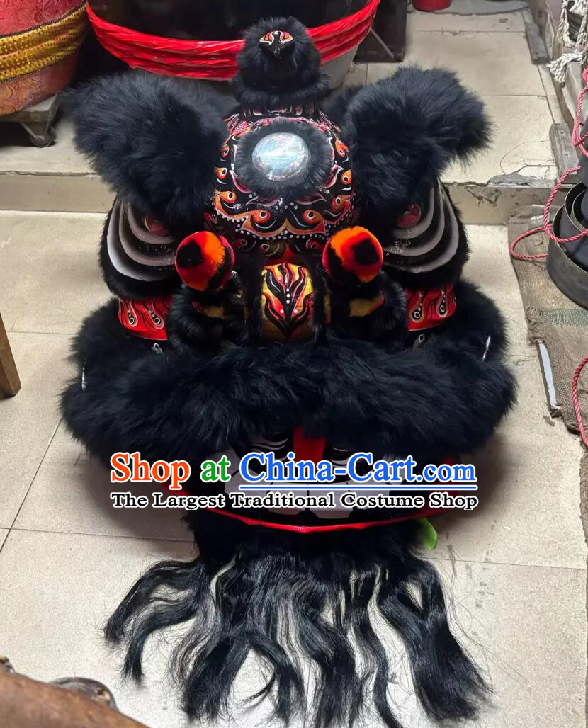 Black Wool Chinese Spring Festival Lion Dance Costume Handmade Lion Head and Tail Complete Set