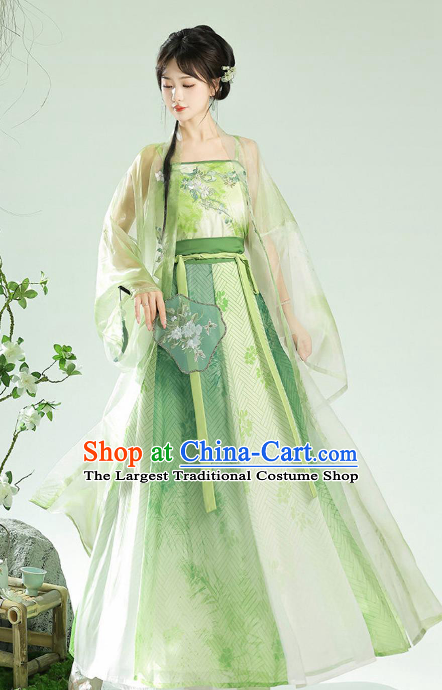 Chinese Modern Hanfu Song Style Blouse top and Skirt Green Costumes Complete Set