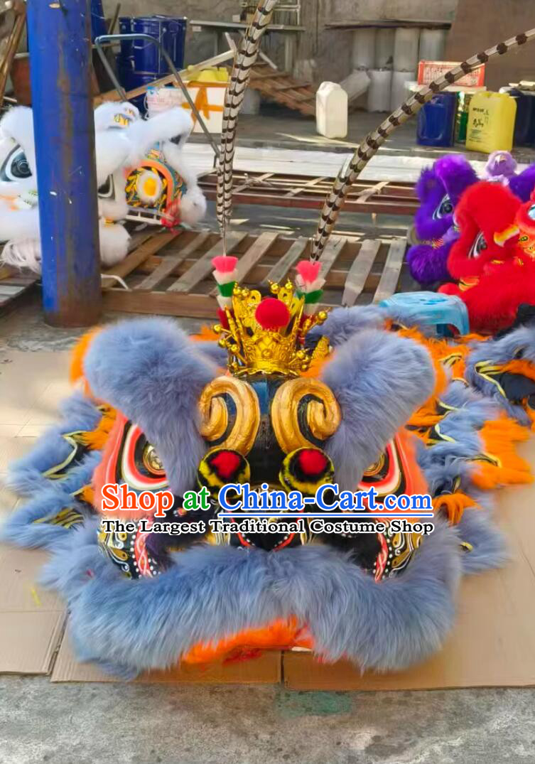 Tiger Spots Monkey King Dancing Lion Costume Handmade Grey Wool Lion Head Traditional Chinese Lion Dance Equipment