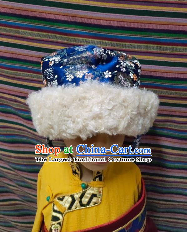 Deep Blue Tibetan Style Kids Winter Hat Chinese Zang Ethnic Headwear