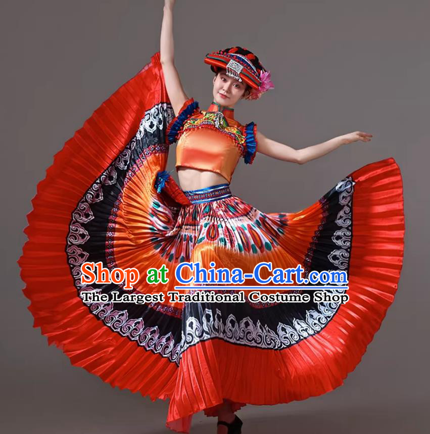 Yi Ethnic Women Costume Chinese Minority Performance Dance Flared Skirt Dancewear