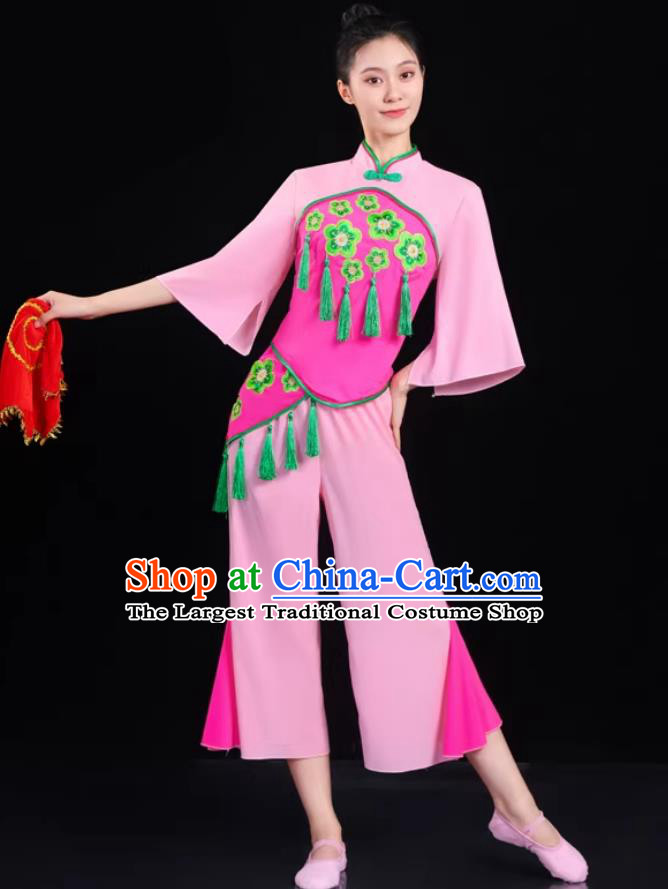 Chinese Yangko Dance Pink Outfit Women Group Performance Costume