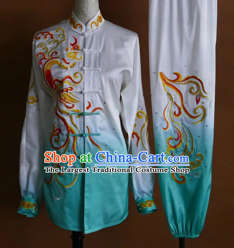 Ba Duan Jin Performance Gradient Blue Outfit Custom Embroidery Phoenix Tai Chi Competition Costume
