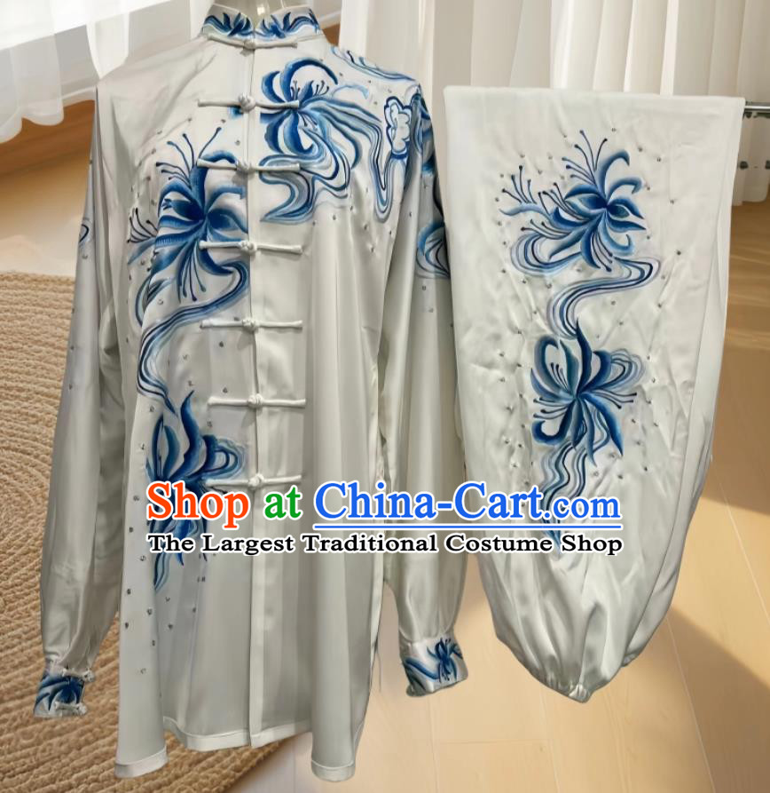 Hand Embroidery Lily Tai Chi Suit Martial Arts Performance Costume Kung Fu Competition Uniform