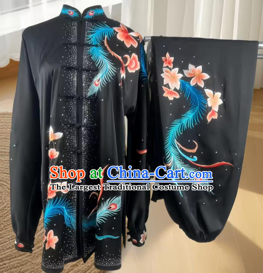 Embroidery Phoenix Tail Tai Chi Suit Martial Arts Performance Costume Kung Fu Competition Black Uniform