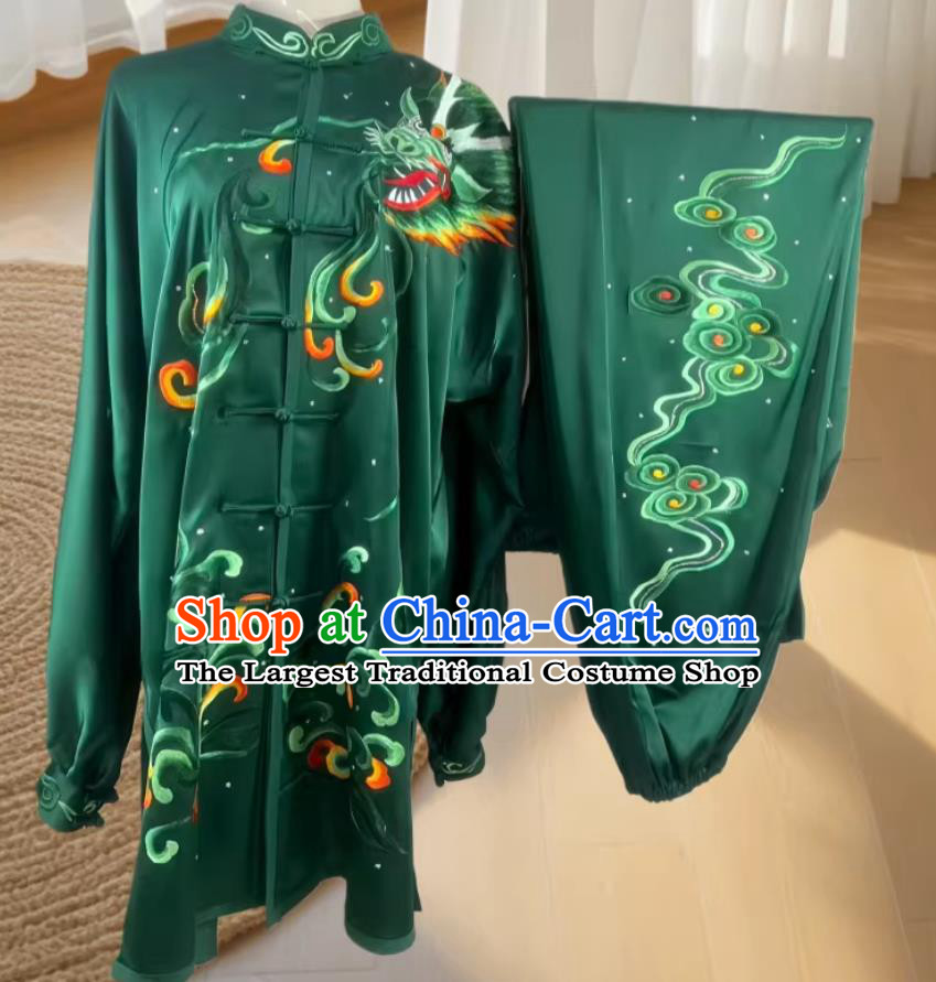 Martial Arts Performance Costume Kung Fu Competition Dark Green Uniform Embroidery Dragon Tai Chi Suit