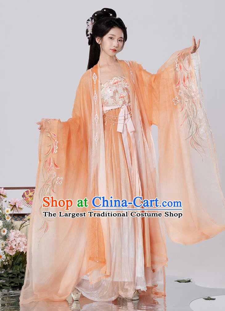 Chinese Orange Hanfu Tang Dynasty Embroidery Wide Sleeve Cape and Hezi Dress Complete Set
