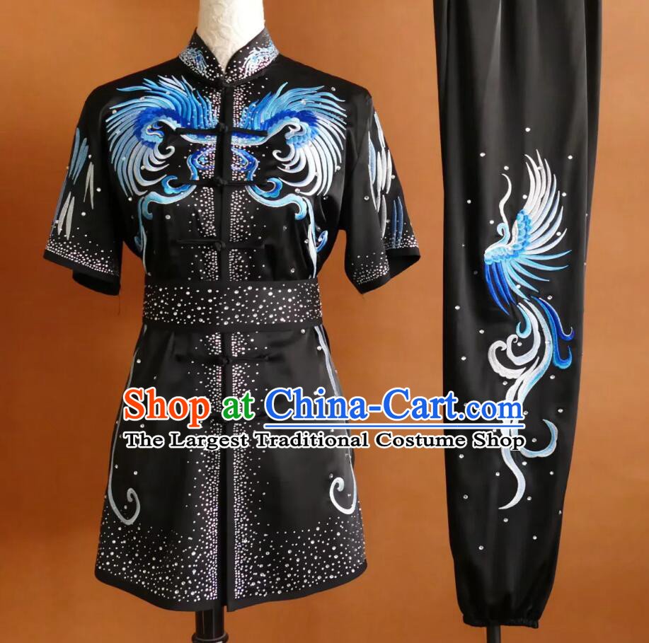 Embroidery Phoenix Black Changquan Uniform Martial Arts Performance Costume Chinese Wushu Competition Clothing